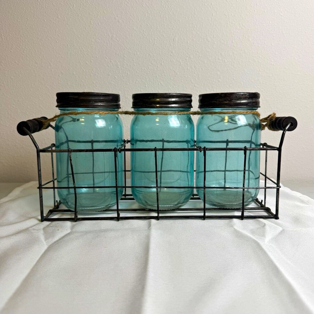 Set of 3 Blue Glass Jar Set in Black Wire Basket Holder with Metal Lids Aqua